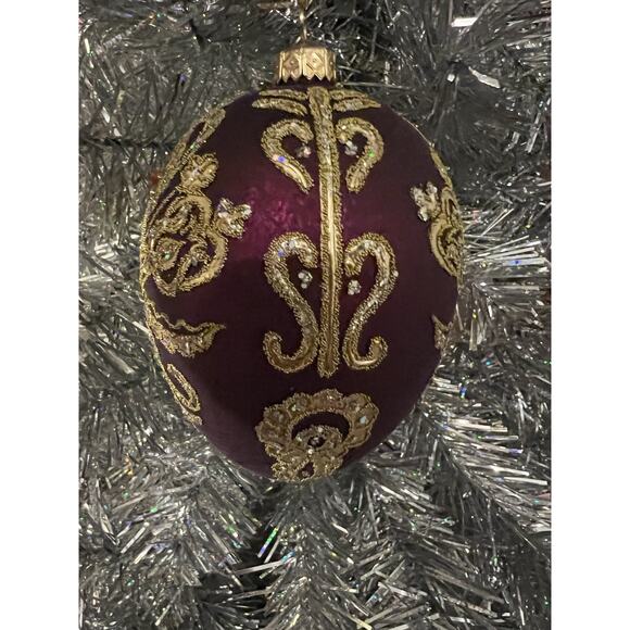 Burgundy & Gold Parzenica Christmas Glass Ornament Hand Decorated with Jewel 5” - Picture 4 of 12